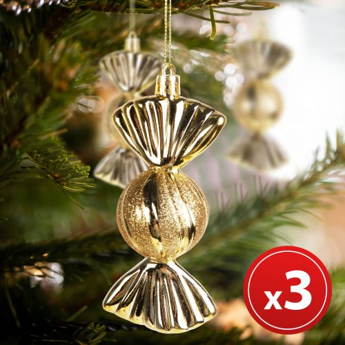 Karácsonyfadísz szett - szaloncukor - akasztóval - arany - 11 x 4 cm