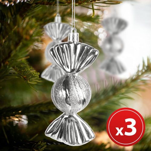 Karácsonyfadísz szett - szaloncukor - akasztóval - ezüst - 11 x 4 cm